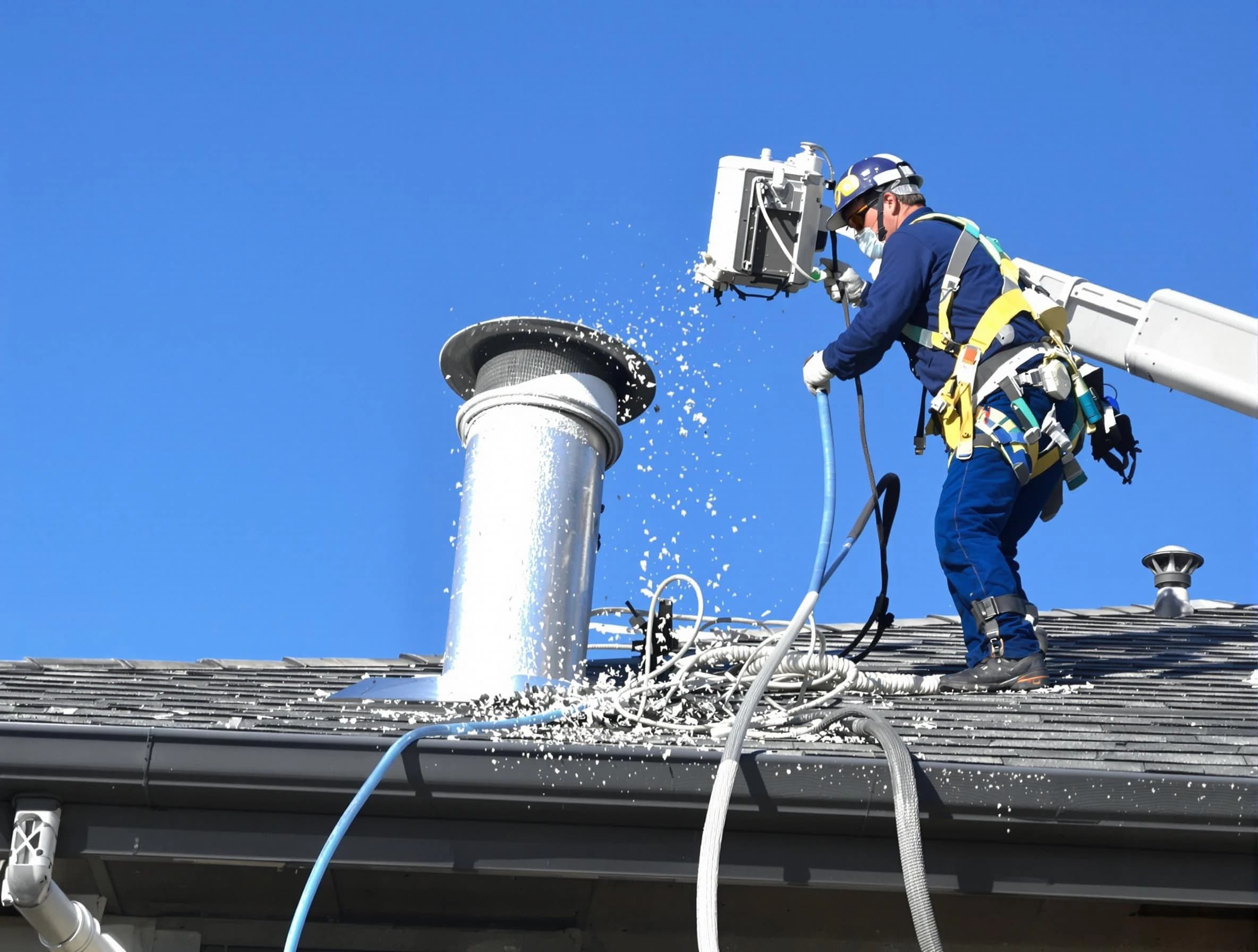 Longmont Dryer Vent Cleaning certified technician safely cleaning a roof-mounted dryer vent in Longmont