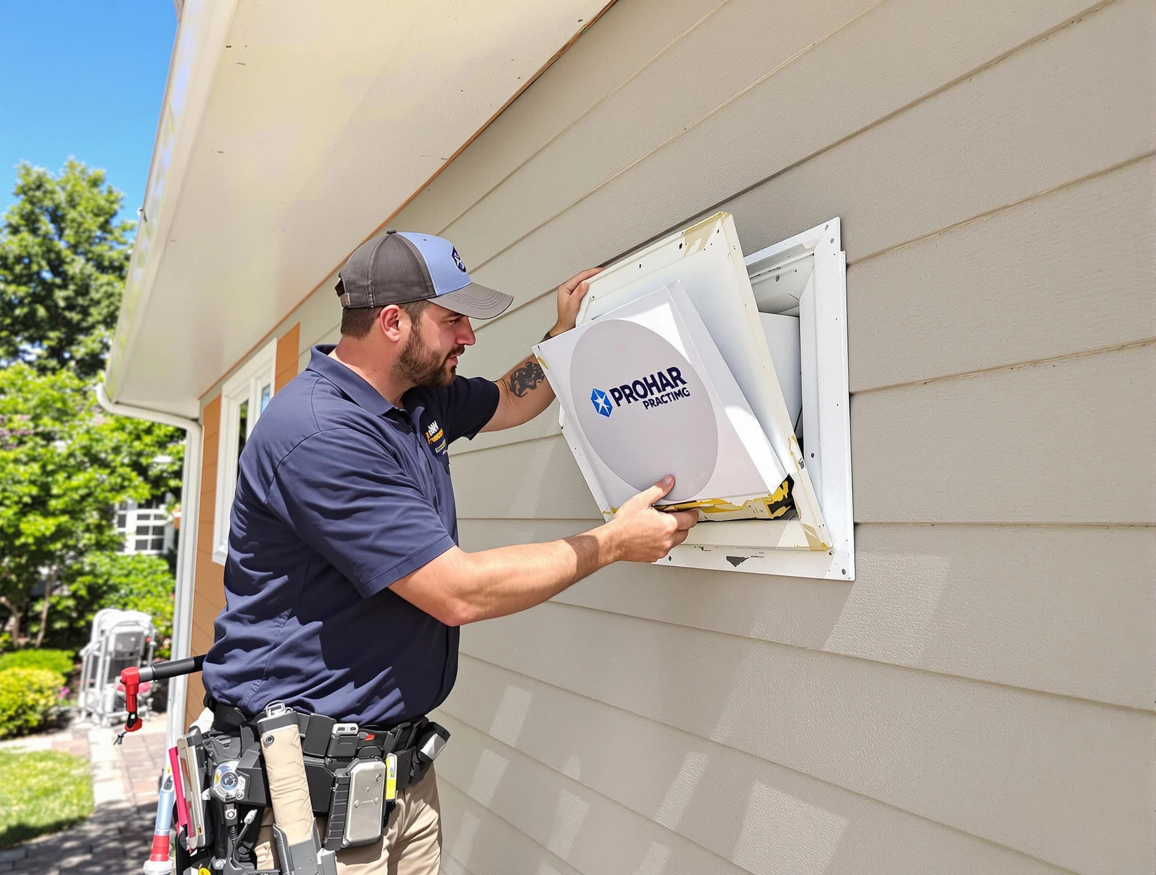 Longmont Dryer Vent Cleaning technician installing a new protective dryer vent cover on a home in Longmont
